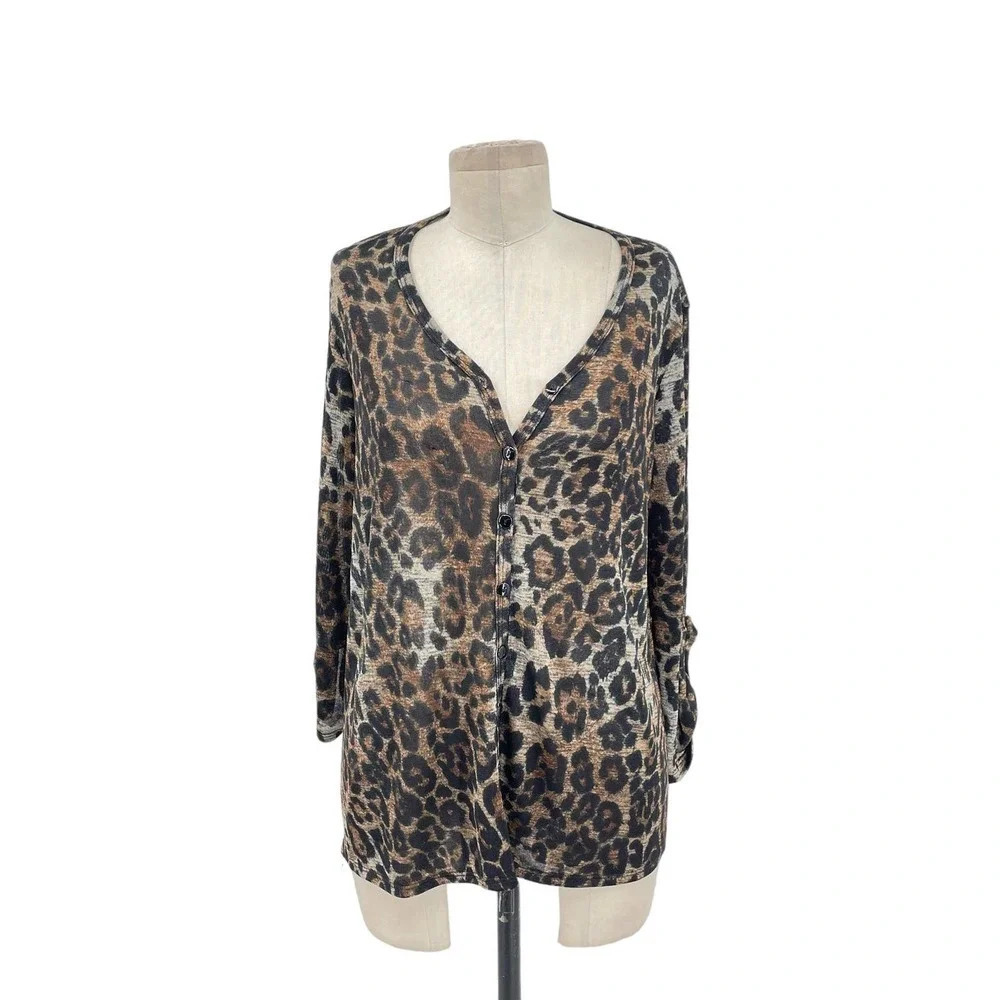 Clara Sunwoo Leopard Print Button Front Roll‎ Tab Sleeve Top Size XS